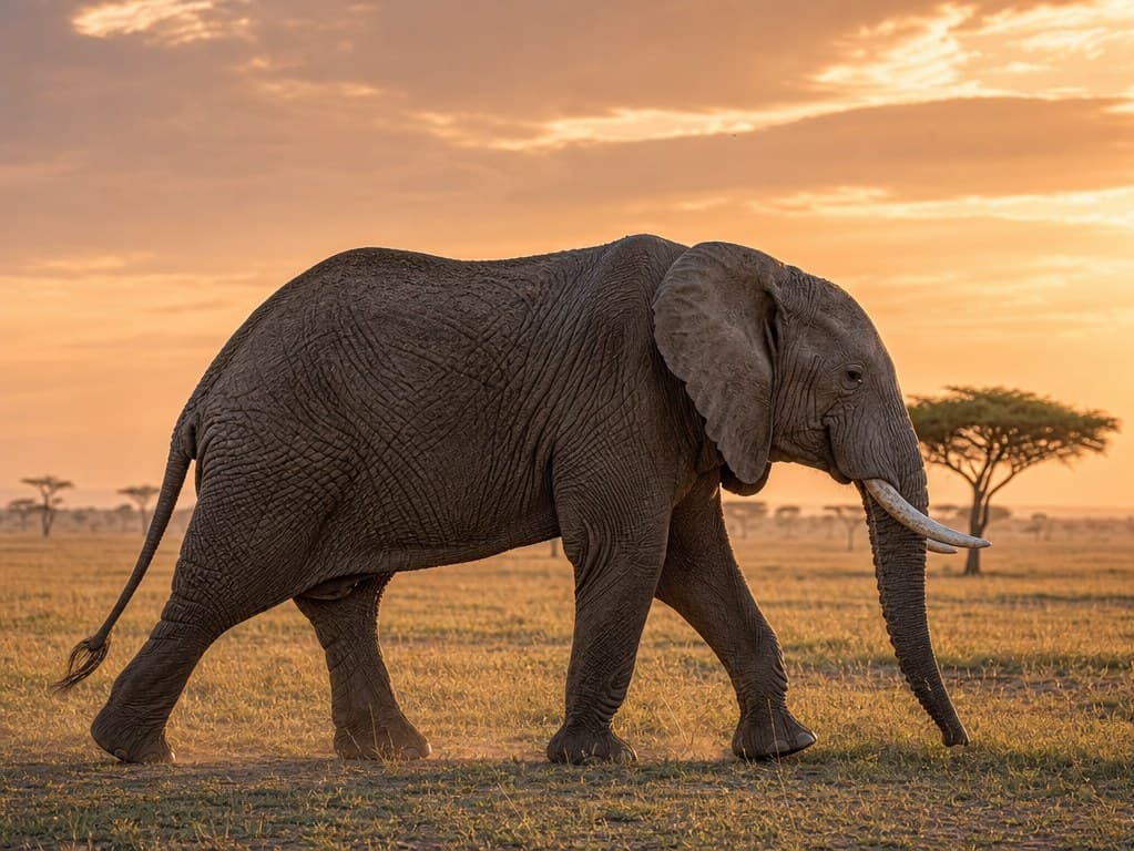 Photoreal reference of an adult African elephant walking across the savanna at sunset