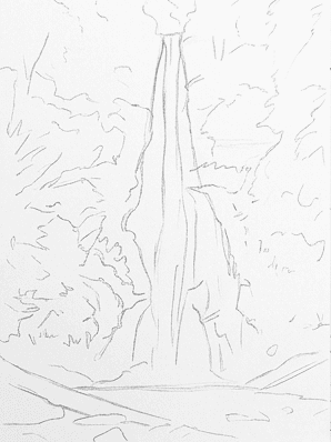 Fourth stage with small moss ovals and thin vines scattered unevenly across the cliff walls