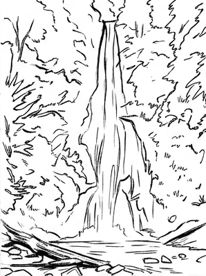Sixth stage with the pencil lifted and a loose ink contour applied to cliffs, water, log, and foreground rocks