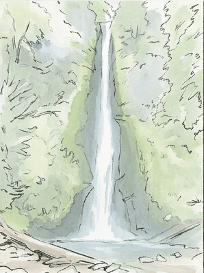 Seventh stage with dilute green and grey washes blocked into the foliage and cliffs while the water stays pure paper