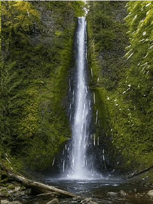 Ninth stage with dark ink accents tightening the rocks, log, and the base of the falls