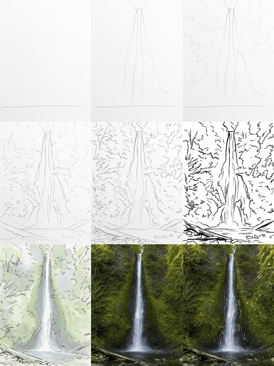 Loose ink and watercolor sketch of a forest waterfall