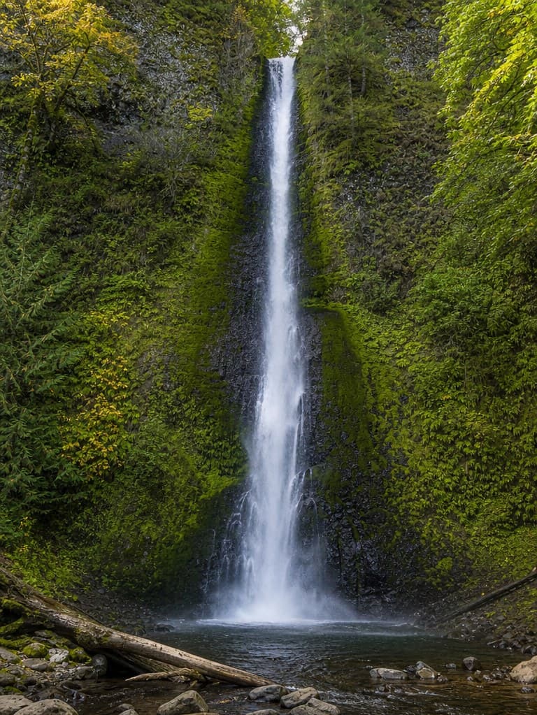 Photoreal reference of a tall narrow waterfall pouring through mossy cliffs into a forest pool
