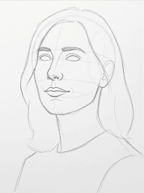 Eyes, nostrils, and lip line tightened with darker pencil marks