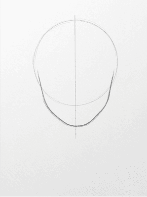 Horizontal brow line and vertical center line crossing the egg shape with a nose base tick