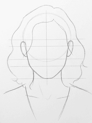 Nose, lip line, and the full hair mass added in light pencil over the construction