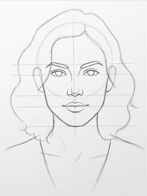 Eyes, nostrils, and lip line tightened with darker pencil marks on the portrait
