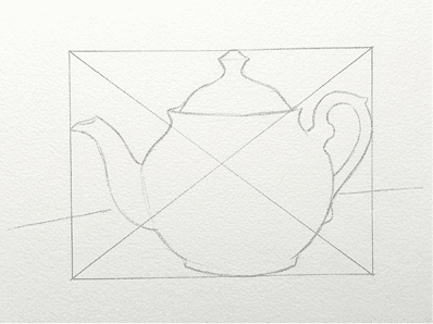 Loose pencil envelope outlining the teapot body, lid, and spout direction
