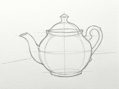 Final pencil curves for the spout, handle, and body of the teapot