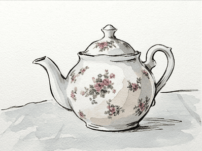 First pale wash applied to the back curve and shadow side of the teapot