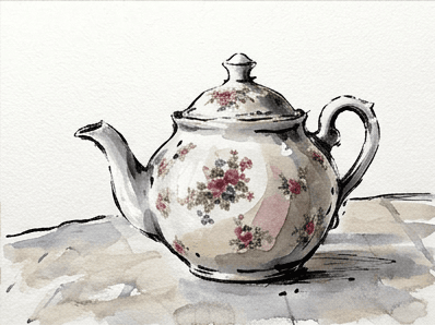 Final ink accents added inside the lid rim, finial, and base of the teapot