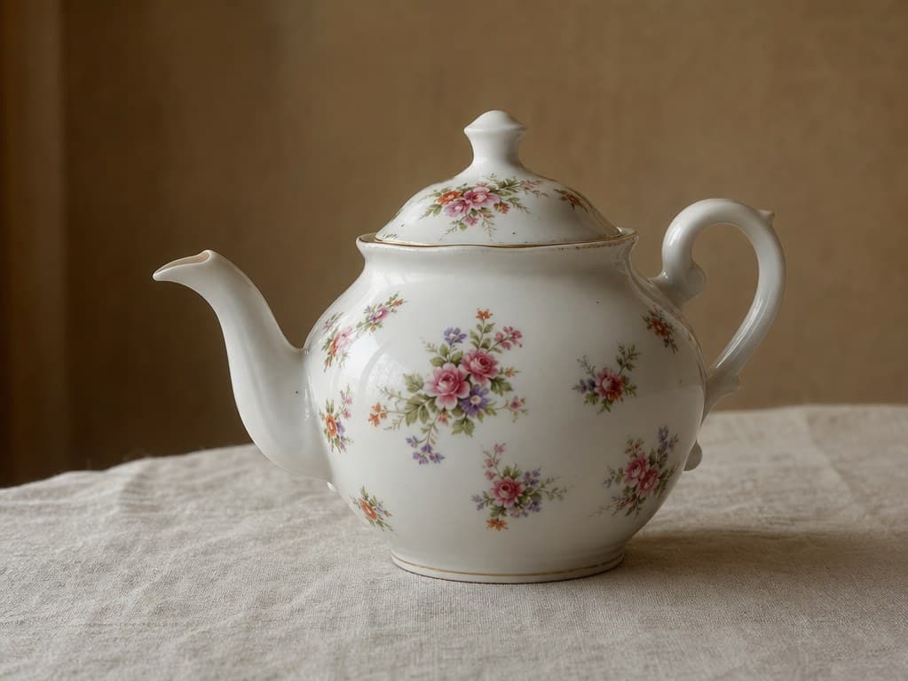 Vintage porcelain teapot reference photo with soft window light