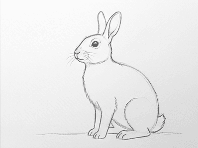 Eye, nose, mouth split, and ground line added to the rabbit pencil drawing