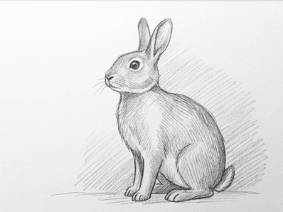 Directional hatching shading the shadow side of the sitting rabbit