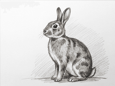 Final darkest accents and whiskers added to the finished rabbit pencil drawing