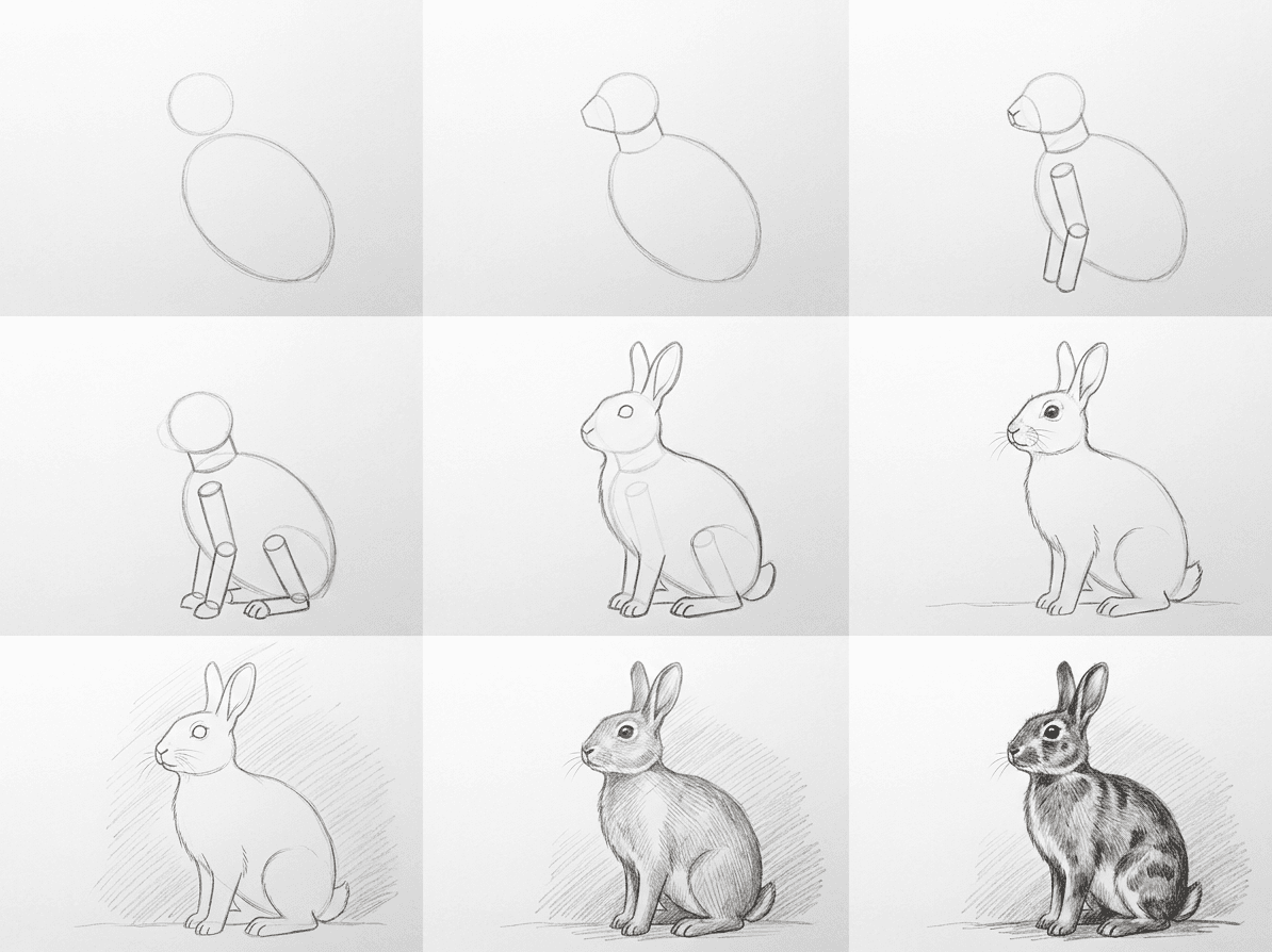 Step by step pencil sketch of a sitting rabbit