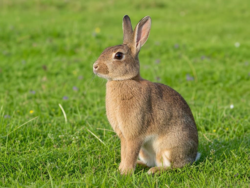 Photoreal brown rabbit sitting upright on grass in soft spring daylight