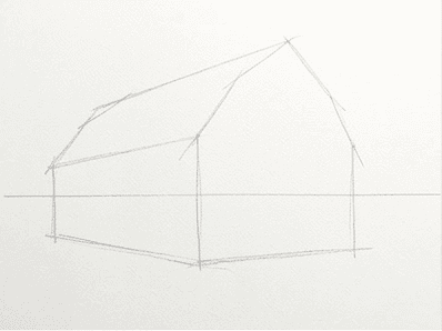 Pencil sketch of a barn envelope with a faint horizon line.