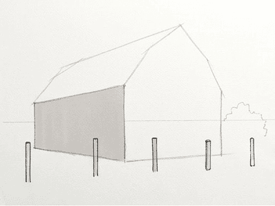 Pencil sketch blocking the barn into a rectangle and triangle roof.