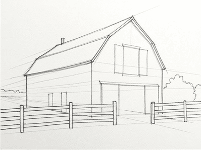 Pencil sketch with perspective guidelines running to a vanishing point.
