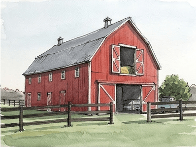 Inked barn with boards, fence posts and a clump of grass added.