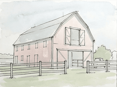 Watercolor sketch of the barn with a pale first sky and field wash.