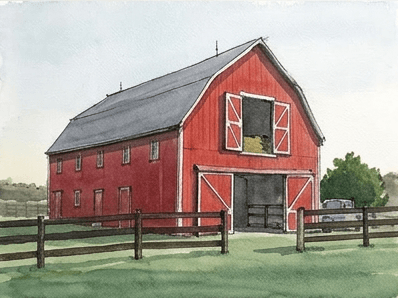 Watercolor sketch of the barn with red walls and grey roof painted in.