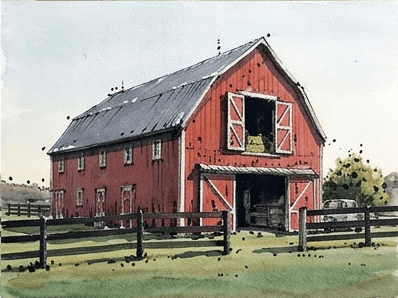 Finished watercolor sketch of the barn with shadow wash and ink accents.