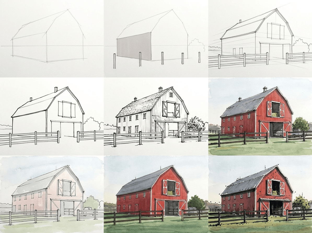 Loose ink and watercolor sketch of a red barn