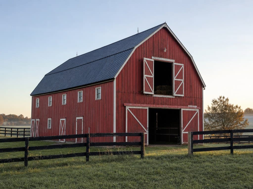 Photograph reference of a red wooden barn with a peaked roof and an open hayloft door, lit by soft morning light.