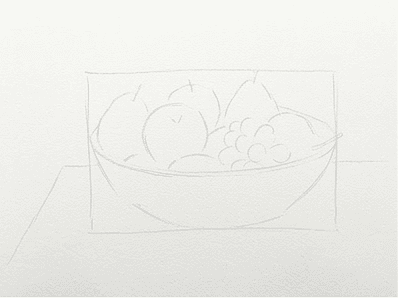 Stage 1 of the bowl of fruit watercolor tutorial showing a faint pencil rectangle around the still life.