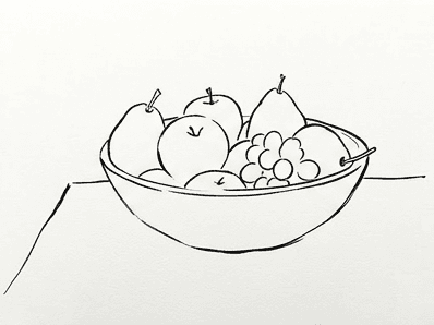 Stage 5 of the bowl of fruit watercolor tutorial showing the inked outline of the bowl and fruit after erasing pencil.