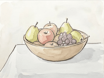 Stage 7 of the bowl of fruit watercolor tutorial showing the lightest first wash of red, yellow, and purple across the fruit.