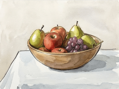Stage 8 of the bowl of fruit watercolor tutorial showing mid tone shadow washes building volume on the fruit and bowl.