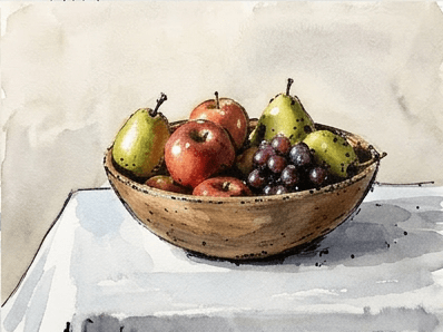 Stage 9 of the bowl of fruit watercolor tutorial showing the finished still life with deep shadow accents and ink details.