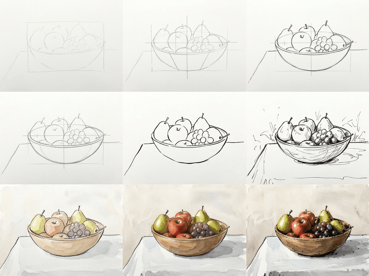 Loose ink and watercolor still life of a fruit bowl