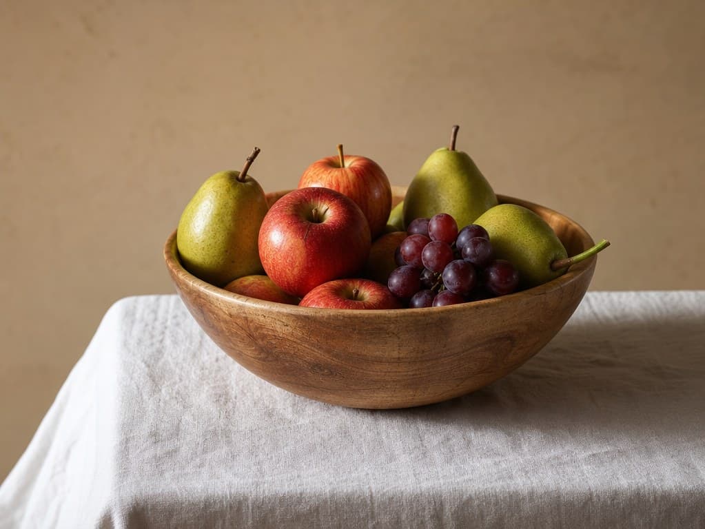 Photoreal reference of a wooden bowl with apples, pears, and grapes on a linen cloth in soft window light.