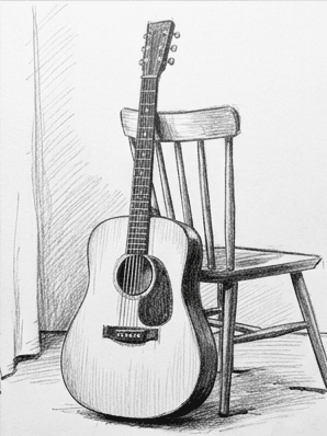 Finished pencil drawing with deep darks and sharp string lines