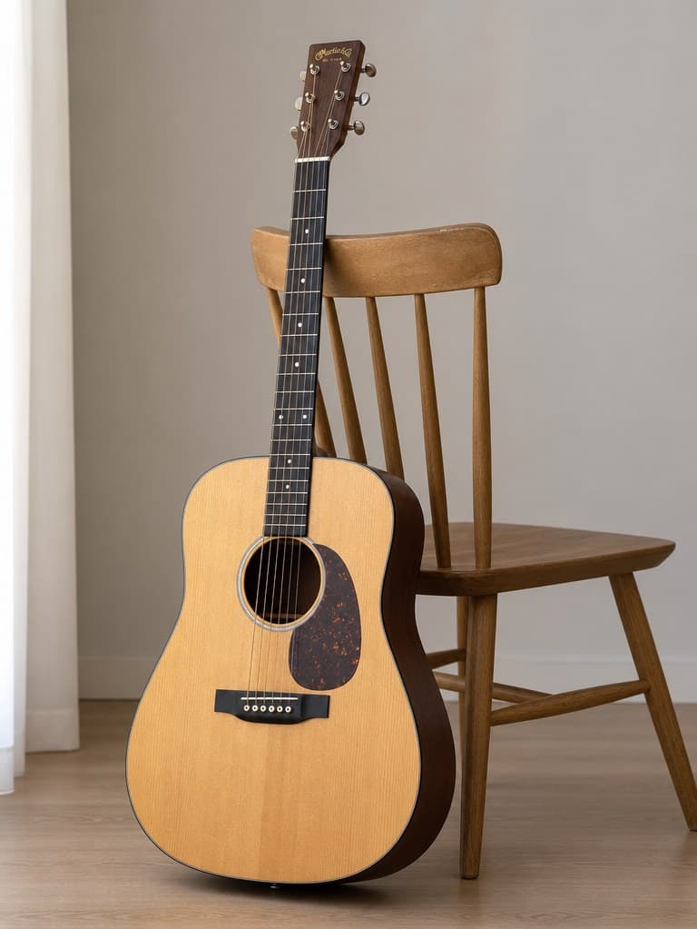 Photoreal reference of an acoustic guitar leaning against a wooden chair