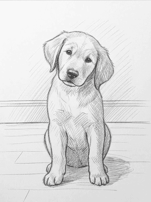 Eighth stage hatching the shadow side of the puppy to build form.