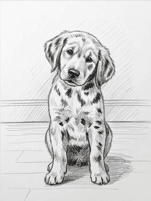 Final stage adding the darkest accents and coat markings to the finished puppy drawing.