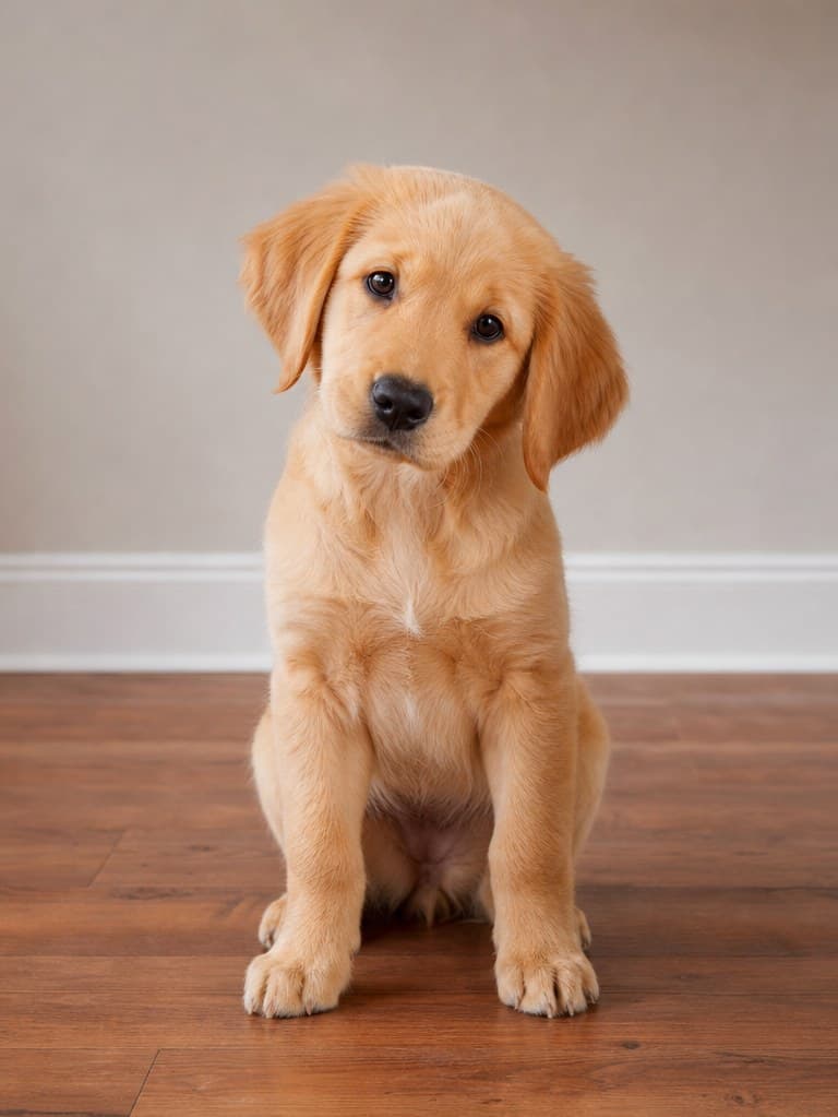 Reference photo of a golden labrador puppy sitting frontally on a hardwood floor against a neutral wall.