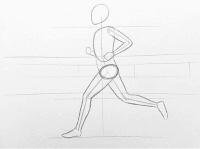 Second step of the how to draw a runner tutorial: ribcage oval and tilted pelvis guides