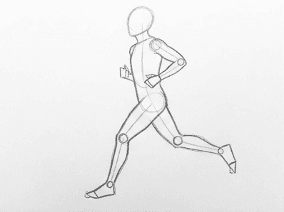 Fourth step of the how to draw a runner tutorial: joints, hands, and feet marked in