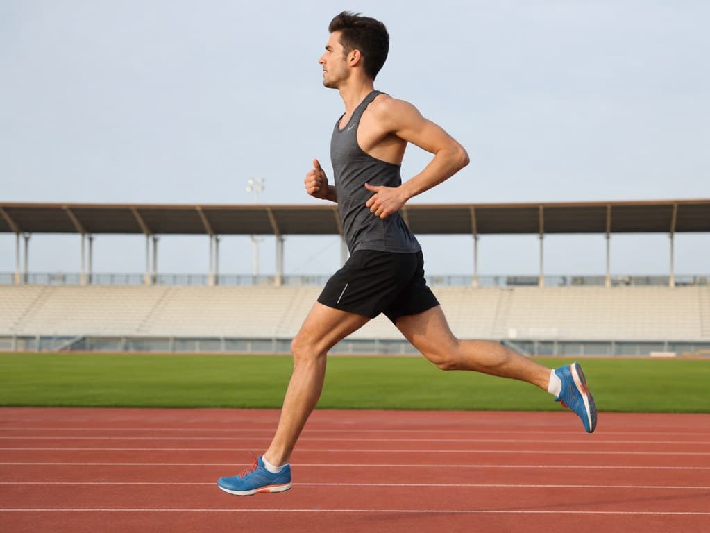 Reference photo of a male runner mid-stride in profile on a stadium track