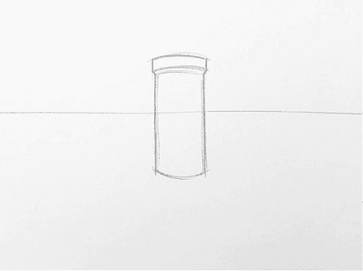 Pencil sketch of a single round tower outline above a faint horizon line.