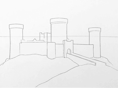Pencil outline adding two side towers, a curtain wall, and the hill landform.