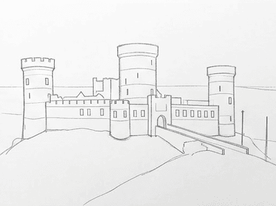 Pencil drawing with arrow slit windows, a window row on the wall, and an arched gate.