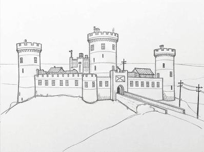Pencil sketch adding square crenellations along the tower tops and wall edges.