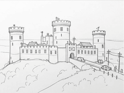 Pencil drawing adding rocks, grass clumps, and a path on the castle hill.